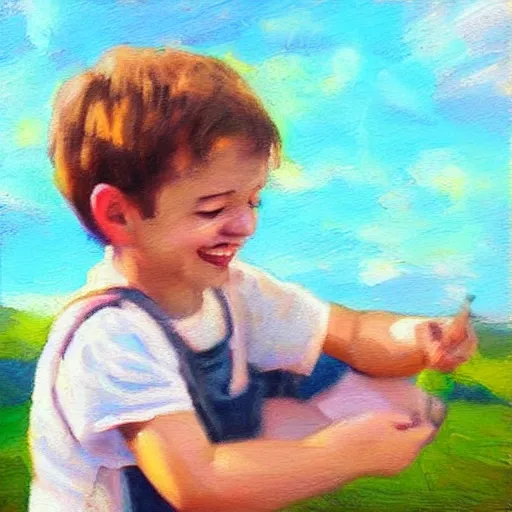 Image similar to “little boy happy golden hour oil panting”