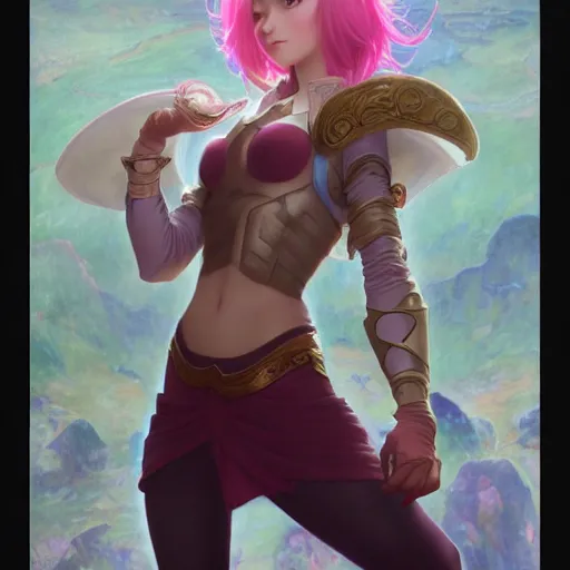 Image similar to VI from League of Legends of Arcane animated Series with short pink hair drawn by Donato Giancola and Makoto Shinkai, Edmund Leighton, Alphonse Mucha, background by James Jean and Gustav Klimt, 4k, porcelain skin, volumetric lighting, komorebi, french nouveau, trending on artstation, octane render, hyperrealistic