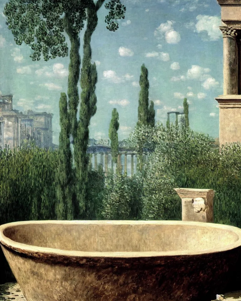 Image similar to achingly beautiful painting of an ancient roman bathtub by rene magritte, monet, and turner. piranesi.