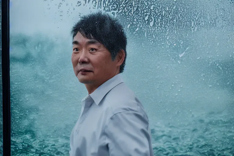 Image similar to a cinematic headshot portrait of a middle aged asian man, through a steamed up window, movie still, ocean background, waves, rain, dramatic lighting, back light, hair light, rim light, 4 k, ultra realistic