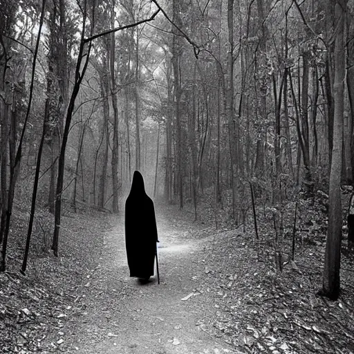 Image similar to old photograph of the grim reaper walking through the forest