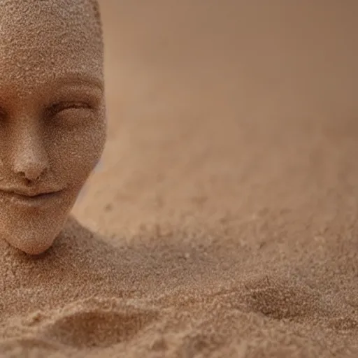 Image similar to Woman made out of sand sitting in desert and staring down at her hand as it slowly blows away and disappears grain by grain. high quality, photo realistic, ultra detail, artistic lighting, realistic, award winning photo, trending on artstation