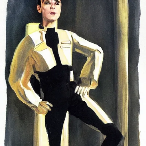 Image similar to scifi art of a portrait by marc davis, a man in his thirties, mix between french, turkish and russian, short black hair with bangs, very tall and slender, wearing a retro - futuristic beige and black utilitarian jumpsuit.