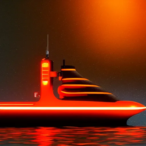 Prompt: a submarine with orange led glow stripes, wandering in the river, asia, cyberpunk, japan, land, rain, dark, lostus flowers, octance render, artstaion