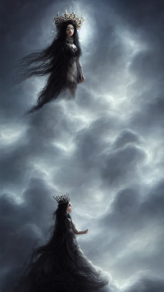 Image similar to a woman with very black hair and pale skin with a crown on her head walk on the clouds, in the style of tomasz alen kopera and fenghua zhong and peter mohrbacher, mystical colors, rim light, beautiful lighting, 8 k, stunning scene, raytracing, octane, trending on artstation,