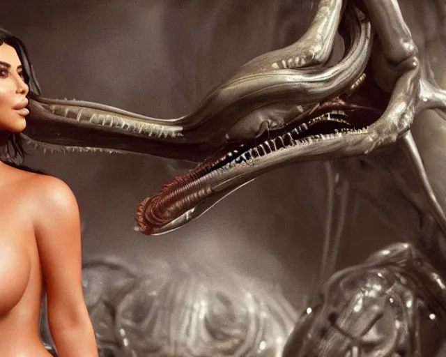 Image similar to cinematic still of kim kardashian being mouth fed by an xenomorph feeding her a transparent alien liquid, wet flowing hair, gooey skin, illustration, unreal engine 5, 8 k, directed by h. r. giger.