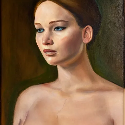 Image similar to Jennifer Lawrence. Oil on canvas by Balthus.