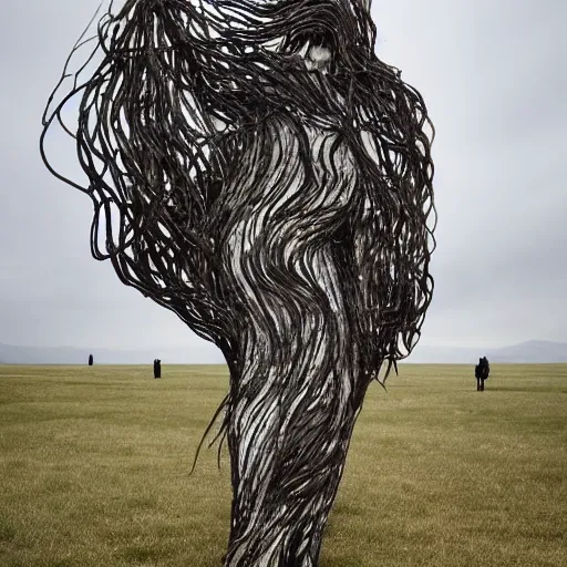 Image similar to by ossip zadkine, by kengo kuma mournful, hyperdetailed. a land art of a woman standing in a field of ashes, her dress billowing in the wind. her hair is wild & her eyes are closed, in a trance - like state. dark & atmospheric, ashes seem to be alive, swirling around.