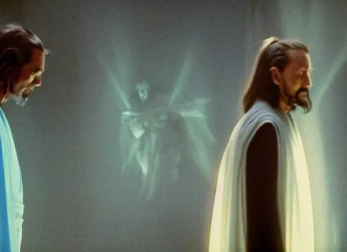 Image similar to screenshot of the force ghost glowing blue spirit of qui gon jinn speaking to Luke skywalker, in a hazy lit ancient Jedi cathedral, screenshot from the 1970s star wars thriller directed by stanley kubrick, Photographed with Leica Summilux-M 24 mm lens, ISO 100, f/8, Portra 400, kodak film, anamorphic lenses