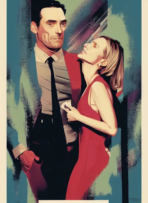 Image similar to poster artwork by Michael Whelan and Tomer Hanuka, Karol Bak of Naomi Watts & Jon Hamm husband & wife portrait, in the pose of The Graduate poster, from scene from Twin Peaks, clean, simple illustration, nostalgic, domestic, full of details