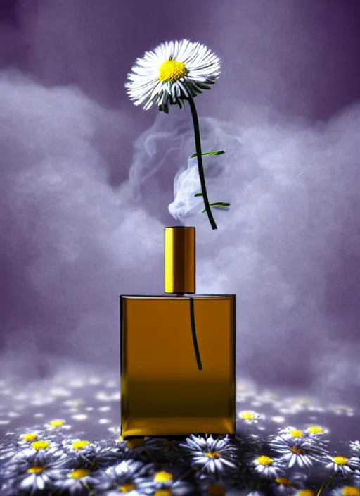 Image similar to perfume bottle standing in the center of an enchanted smokey cloud puff made of daisies, blurred background contoured smooth fair walls, up close shot, sharp focus, global illumination, radiant light, alexandre ferra, irakli nadar, octane highly render, 4 k, ultra hd,