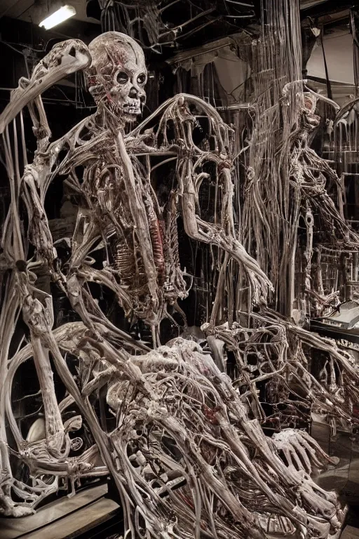 Prompt: inside a museum, a room where anatomical flesh body parts are piece of arts by Rob Bottin at night biomechanical, filth and grim, wires and strings, very detailed, ultra realistic photography, grainy image