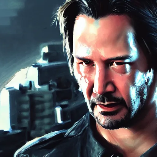 Image similar to Keanu Reeves as the Terminator, hyperdetailed, artstation, cgsociety, 8k