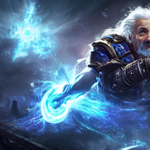 Image similar to portrait of albert einstein as a spellcaster, league of legends amazing splashscreen artwork, gears of war, splash art, natural light, elegant, photorealistic facial features, intricate, fantasy, detailed face, atmospheric lighting, anamorphic lens flare, cinematic lighting, league of legends splash art, hd wallpaper, ultra high details by greg rutkowski