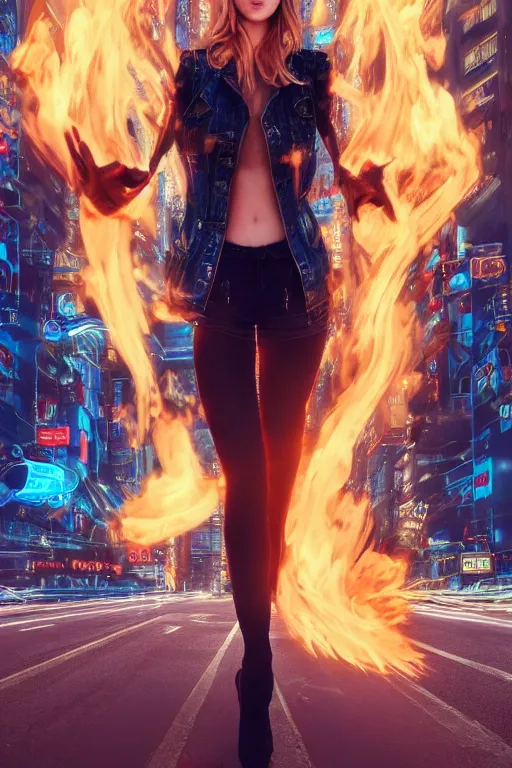 Image similar to young blonde woman with flames dancing on her hands with a long jacket in a cyberpunk city, detailed and realistic face, detailed and realistic hands, realistic, high definition, 4 k, shimmering color, epic digital art