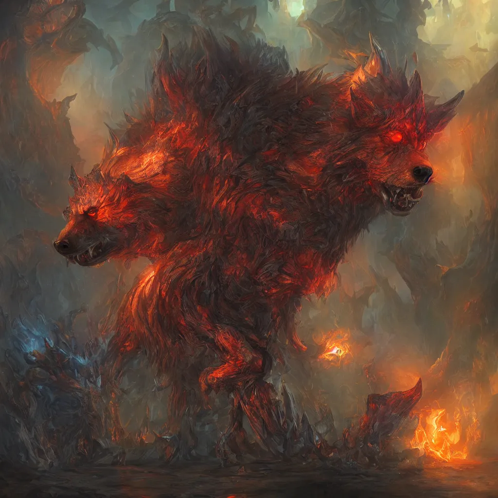 Image similar to Wolf in hell, vivid colors, sharp focus, digital art, Unreal Engine, Dramatic Lighting by Brom, trending on Artstation