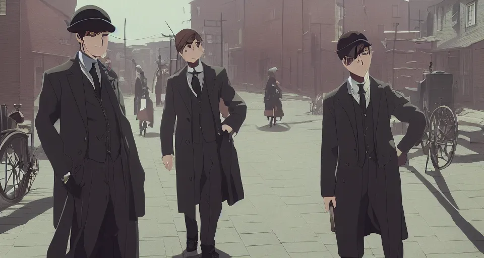 Image similar to Peaky Blinders by Makoto Shinkai, anime key visual