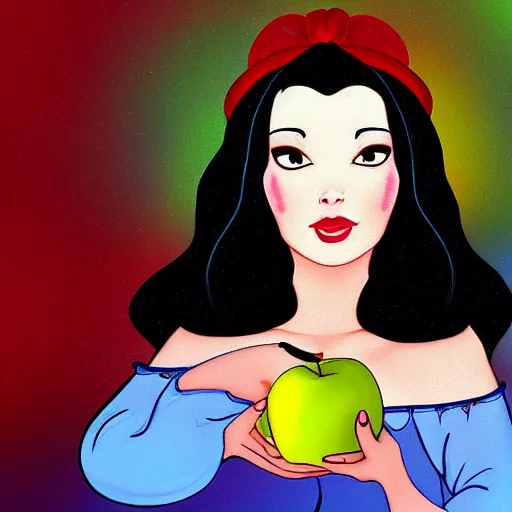 Image similar to snow white and the apple, colorful digital art