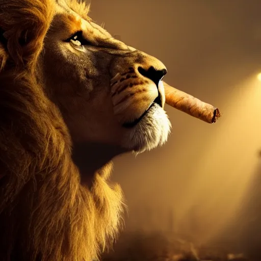 Image similar to a lion smoking a cigar, dramatic lighting, cinematic, establishing shot, extremely high detail, foto realistic, cinematic lighting, post processed, concept art, high details, cinematic, 8k resolution, beautiful detailed, photorealistic, digital painting, artstation, concept art, smooth, sharp focus, artstation trending, octane render, unreal engine