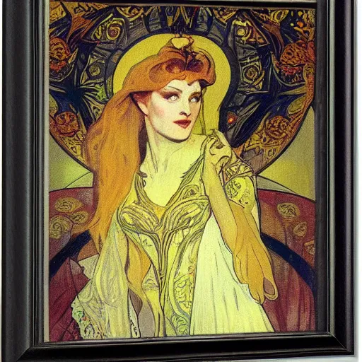 Image similar to bright, proud portrait of pagan queen libuse from slavic tales by alfons mucha