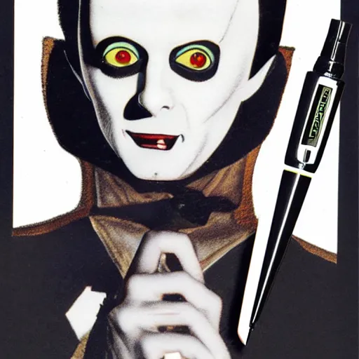 Image similar to a high quality product photo ad of klaus nomi with a technical reed rollerball pen exacto knife by junji ito, ethereal eel