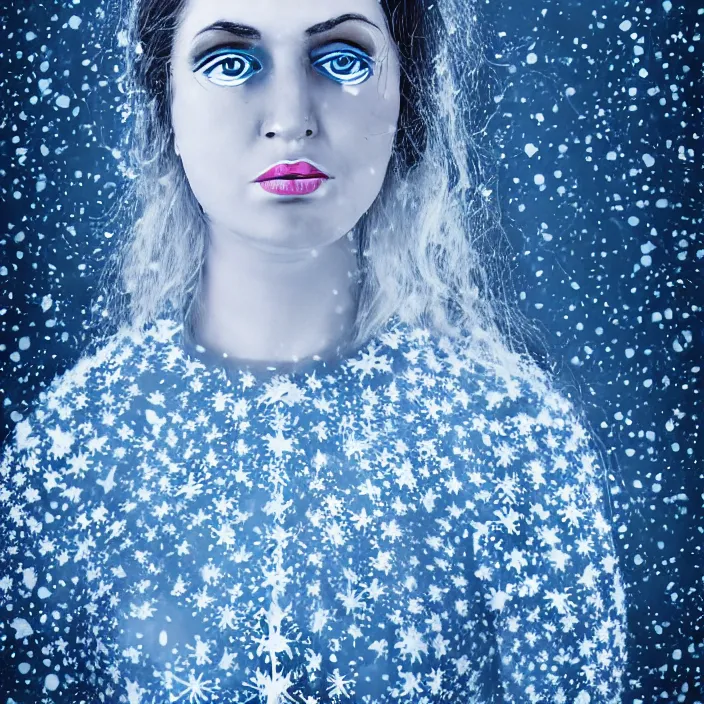 Image similar to a woman wearing a highneck dress made out of snowflakes. she is sickly looking and dying of hypothermia. very pale and blue lips. full body digital portrait by maromi sagi