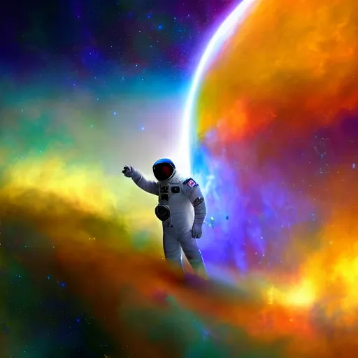 Image similar to astronaut maestro directing a large symphony creating beautiful music of color and happiness, synthesthesia, digital painting, trending on artstation, unreal engine 5, CG society, hypermaximalist, golden ratio