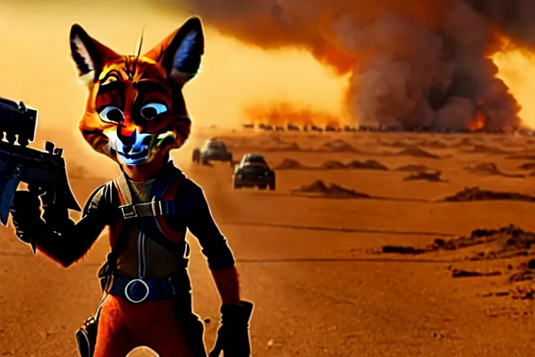 Image similar to nick wilde, heavily armed and armored facing down armageddon in a dark and gritty reboot from the makers of mad max : fury road : witness me