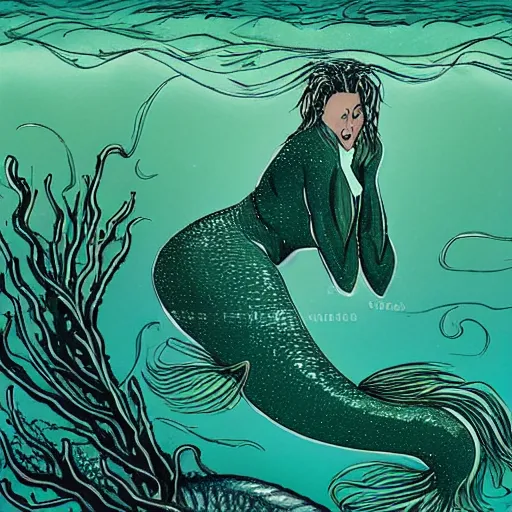 Image similar to a mermaid with a long eel tail in place of legs that is covered in algae and seaweed while she swims toward the ocean floor accompanied by a very threatening sea monster