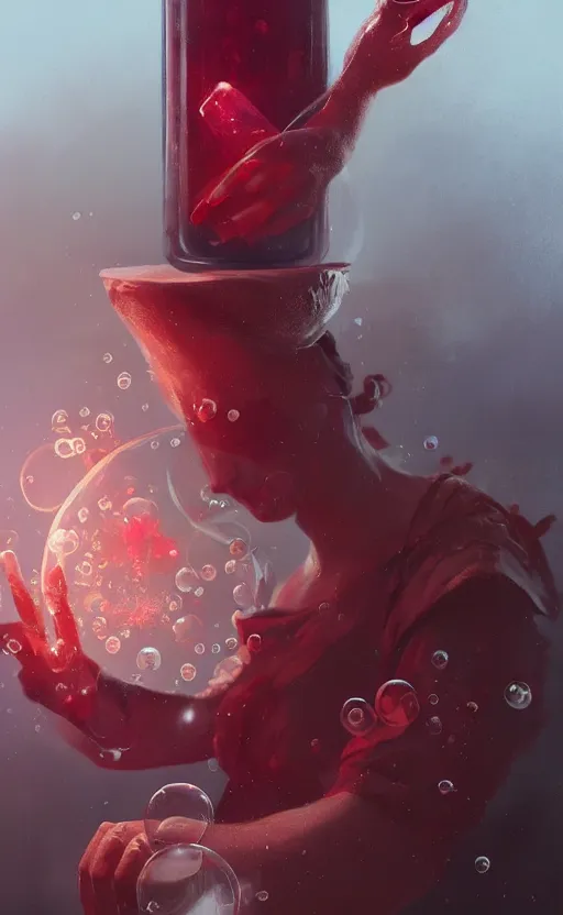 Image similar to a beautiful painting illustration of a health potion, scratched vial, bubbles, crimson, by greg rutkowski, featured on artstation, rpg item