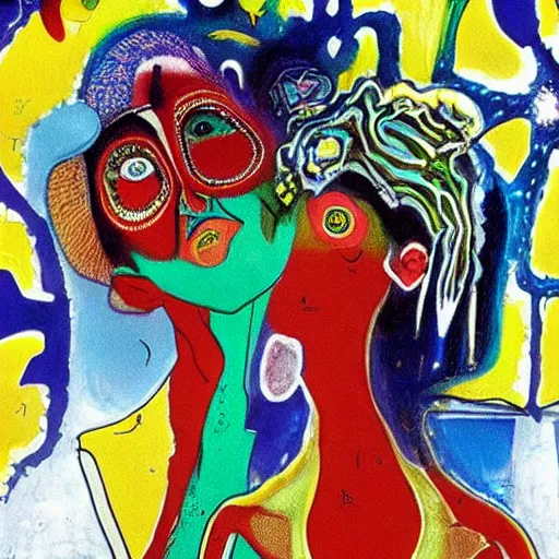 Image similar to beautiful painting of two bizarre psychedelic women kissing each other closeup in an aquarium in spain, speculative evolution, mixed media collage by basquiat and alex grey, magazine collage art, sapphic art, lesbian art