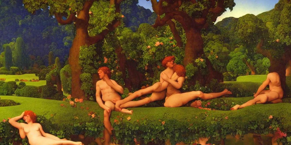 Image similar to !dream a landscape of the Garden of Eden by Maxfield Parrish, digital art 8k