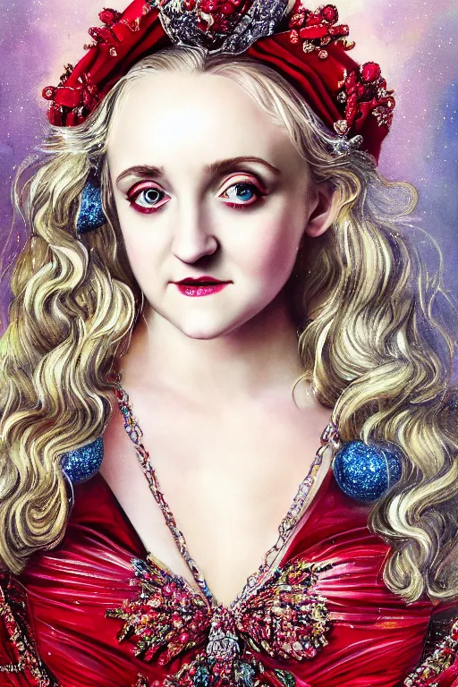 Prompt: head shot portrait of beautiful evanna lynch as a queen in a vivienne westwood dress with shiny ruby ornaments, glitter make up, painted by uang guangjian and gil elvgren and sachin ten, highly detailed artwork