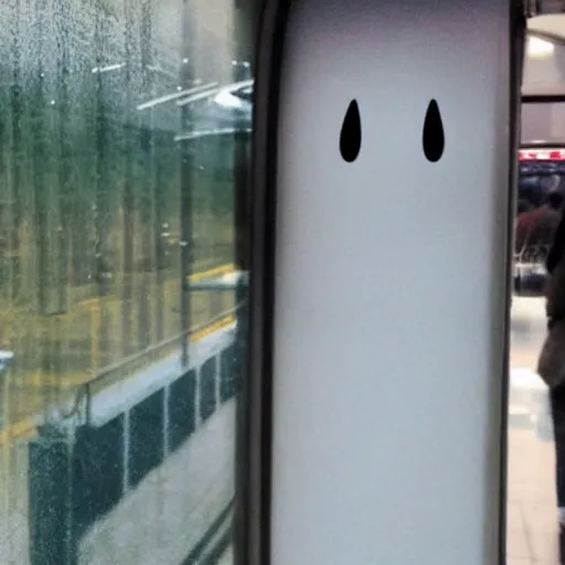 Image similar to a scary looking but very friendly transparent ghost at a train station in the style of a ghibli movie