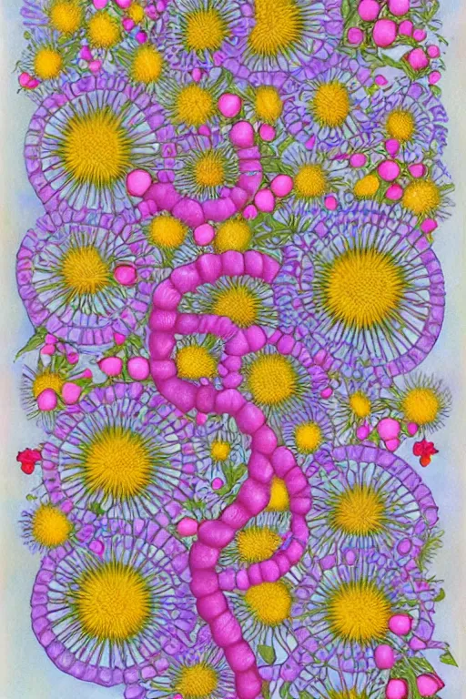 Image similar to flowers blooming on dna helix in the style of julie hewlett, julie hewlett art,