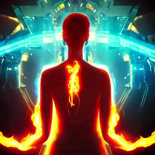 Prompt: young cyberpunk woman from behind with flames coming out of hands at the end of the world, very detailed, realistic, symmetrical face, art by invincible