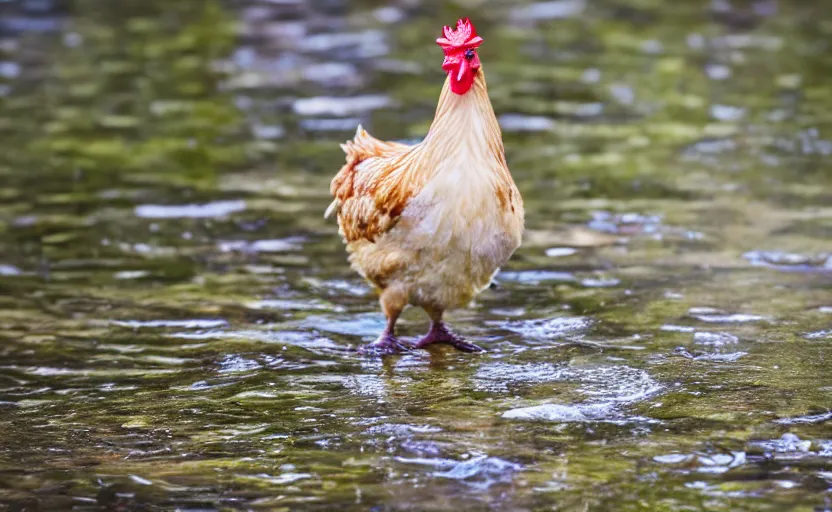 Prompt: Professional photo of a Close up photo of a chicken, drinking water from a lake in Tasmania, bokeh, 100mm lens, 8K award winning nature photography