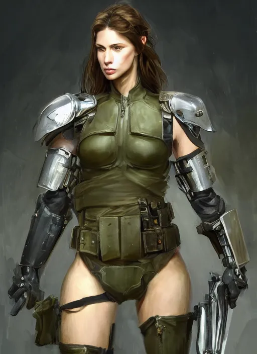 Image similar to a professionally painting of an attractive young female, partially dressed in military armor, olive skin, long dark hair, beautiful bone structure, perfectly proportioned, symmetrical facial features, intricate, elegant, heroic pose, digital painting, concept art, illustration, sketch-like, sharp focus, finely detailed, from Metal Gear, by Ruan Jia and Mandy Jurgens and William-Adolphe Bouguerea