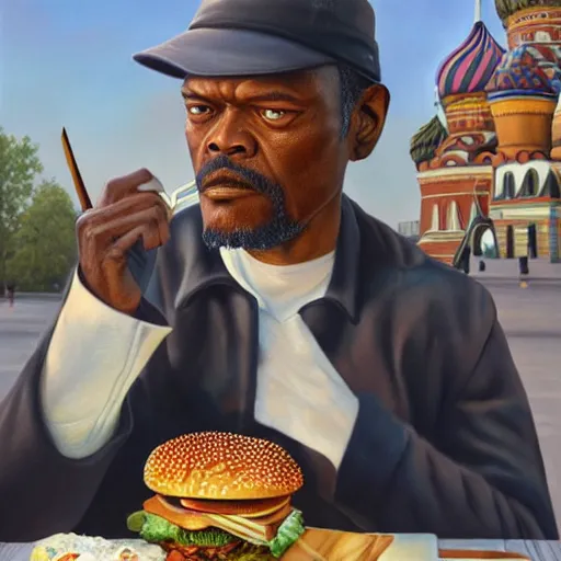 Image similar to highly detailed portrait painting of young samuel l jackson eating burger sitting on bench near moscow kremlin, balalaika, perfect symmetrical eyes, by eddie mendoza and tyler edlin, 8 k resolution