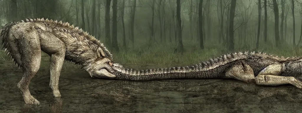 Prompt: chimera made of a wolf and a crocodile, photo of wolf, photo of crocodile, trending on deviantart, photo realism, realistic wood swamp, professional photoshop artwork utilizing professional photographs