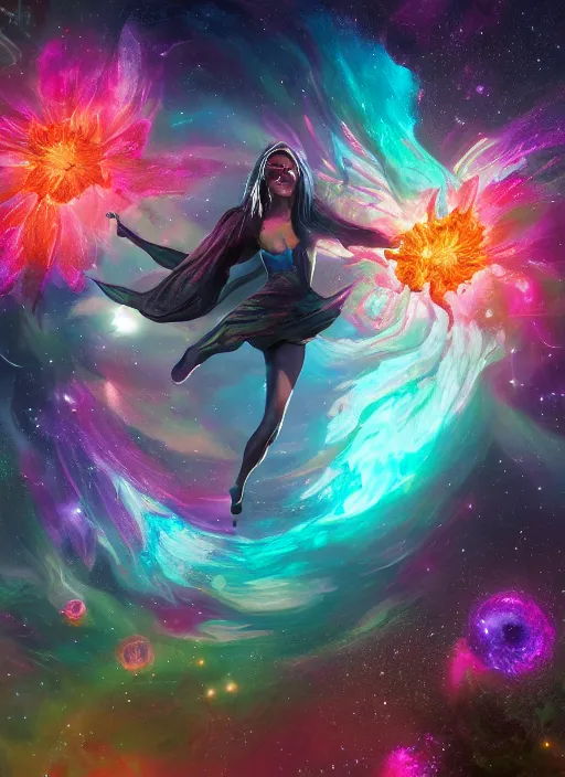 Prompt: An epic fantastic realism comic book style painting of the most beautiful spiraling flowers launched across the dark and starry Universe, floating bouquets, nebula, fisheye, unreal 5, DAZ, hyperrealistic, octane render, dynamic lighting