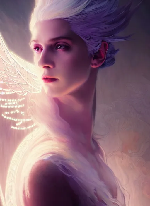 Image similar to a beautiful white haired princess with angel wings, intricate concept art, ethereal, ominous, mysterious, enchanted, cosmic, dramatic lighting, illuminated lines, outrun, vaporware, illuminated runes, cyberpunk darksynth, dark background, 8 k, by ruan jia and krenz cushart and alphonse mucha