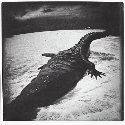 Prompt: 1950s polaroid photo of a large sea monster crashed on the beach