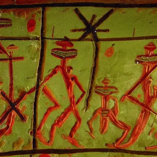 Image similar to green cave painting of crosses and ufos