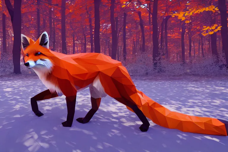 Image similar to super detailed color lowpoly art, red fox in an autumn maple forest, unreal engine, retrowave color palette, 3 d render, lowpoly, colorful, digital art, perspective