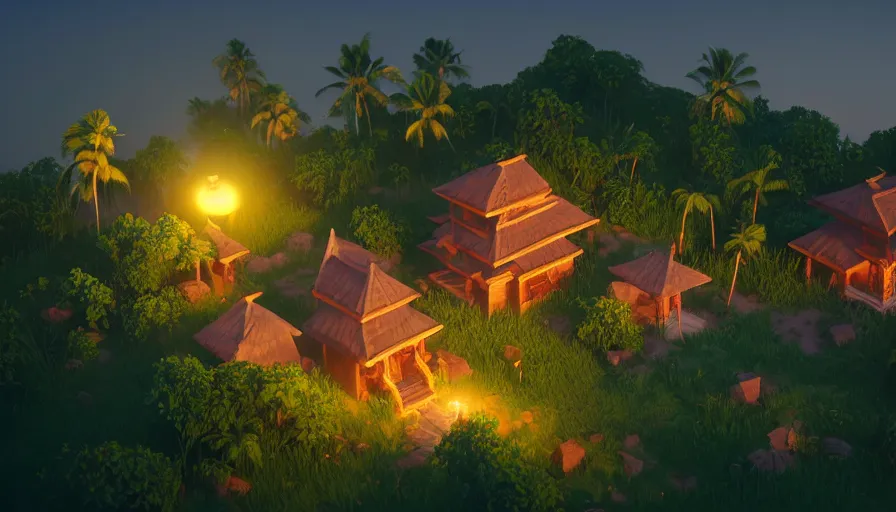 Prompt: a low poly isometric render of moonlit kerala village in the style of horizon forbidden west, with kerala motifs, intricate, elegant, smooth shading, soft lighting, illustration, simple, solid shapes, concept art, by magali villeneuve, jeremy lipkin and michael garmash, rob rey and kentaro miura style, octane render