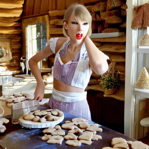 Prompt: Taylor swift making cookies happily in a cute cottage on the forest