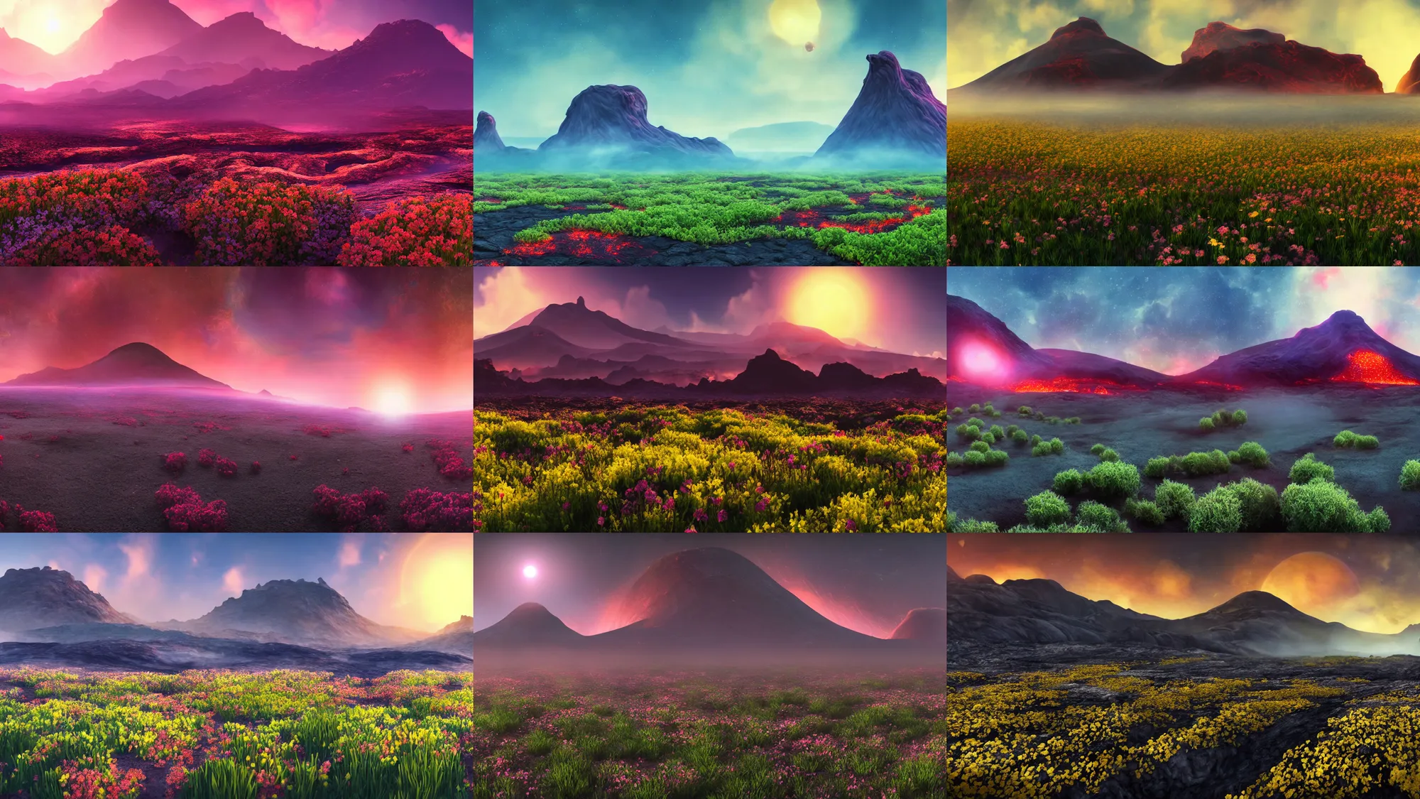 Prompt: spring mountain landscape of an alien planet : : misty, environment, cinematic composition, cinematic lighting, photo realistic, ultra detailed, magnificent, 4 k, 8 k : : flower fields, grasslands, lava river, magma pool