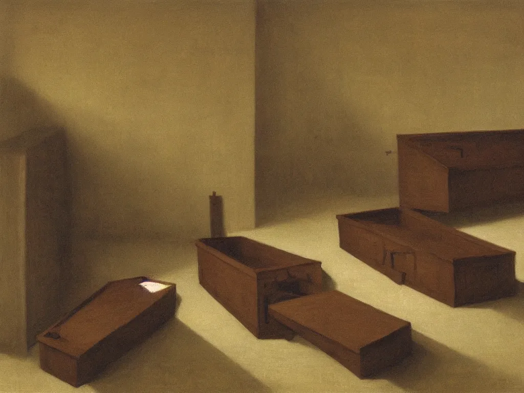 Prompt: Room full of dark coffins. Grazing, golden light, high contrast. Painting by Vilhelm Hammershoi, Morandi