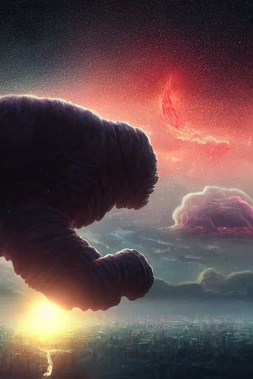 Image similar to a giant cosmic tardigrade!!! descending on the tokyo!!! skyline at sunset, unreal engine, 4 k, illustration, comprehensive art, thorough details, intricate, artstation atmosphere, highly detailed, concept art, greg rutkowski, digital painting, studio ghibli, takashi murakami, gregory crewdson cinematic lighting, 4 k